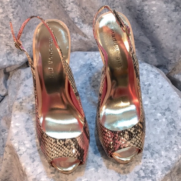 Women’s Madden Girl Pink & Black Snakeskin Peep Toe Sling Backs 5” Heel Size 7.5 - Picture 2 of 9